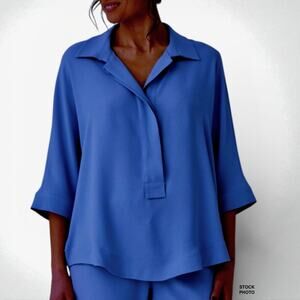 Perlavera Pino Azure Blue Top Hidden Placket Dolman 3/4 Sleeve One Size Blouse